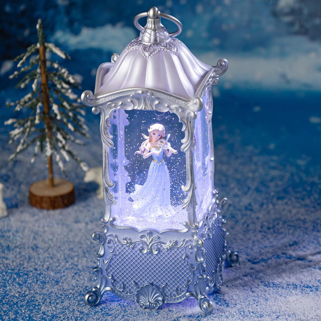 Snow Globe Lantern - Violin Girl Music Box with LED Light | Shatterproof, 8 Songs, USB/Battery Powered, Silver