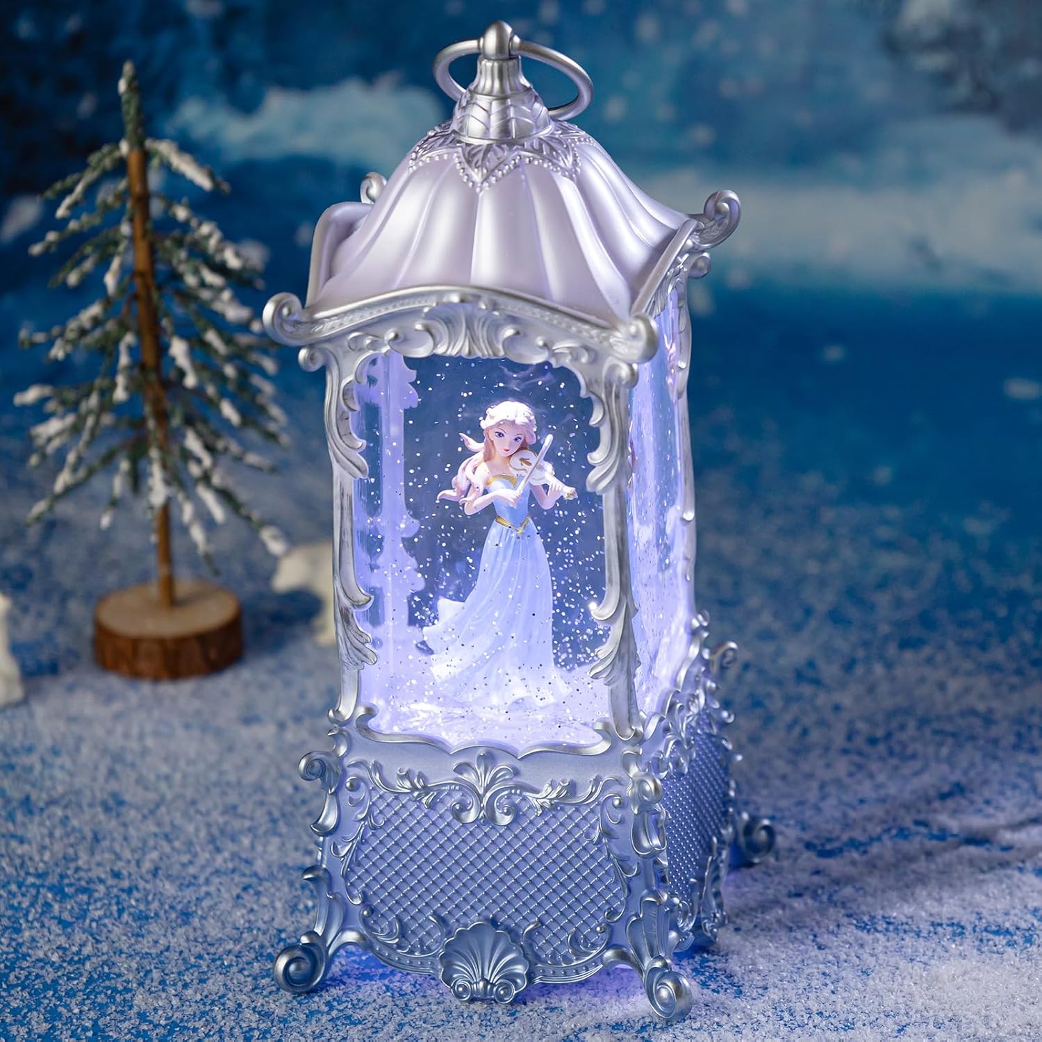 Snow Globe Lantern - Violin Girl Music Box with LED Light | Shatterproof, 8 Songs, USB/Battery Powered, Silver