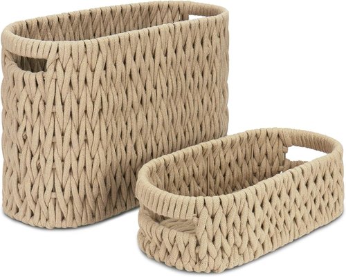 Boho Cotton Rope Woven Toilet Paper Storage Baskets - Set of 2 for 6 Mega Rolls | Brown Bathroom Organizer