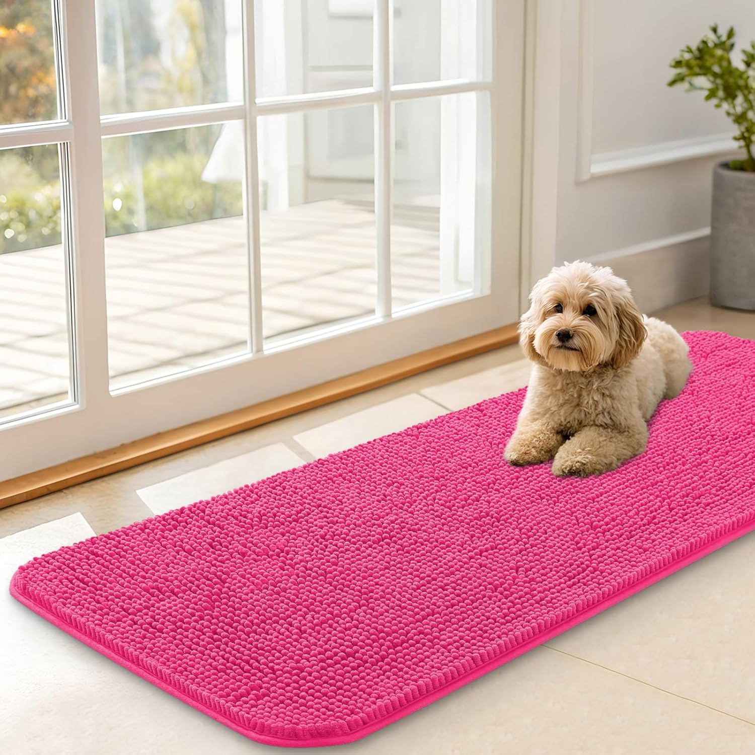 OLANLY Dog Door Mat - Absorbent Non-Slip Chenille Mat for Muddy Paws | 47x17, Quick Dry, Hot Pink