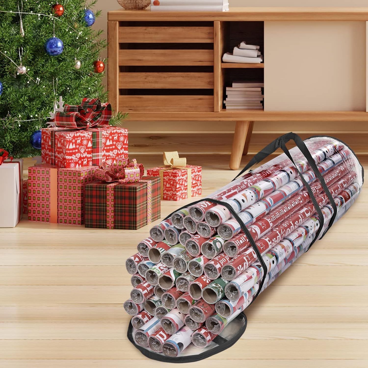 Primode Gift Wrap Organizer - Heavy Duty Wrapping Paper Storage Bag for 24 Rolls, 40 Inch Long, Clear PVC (Black)