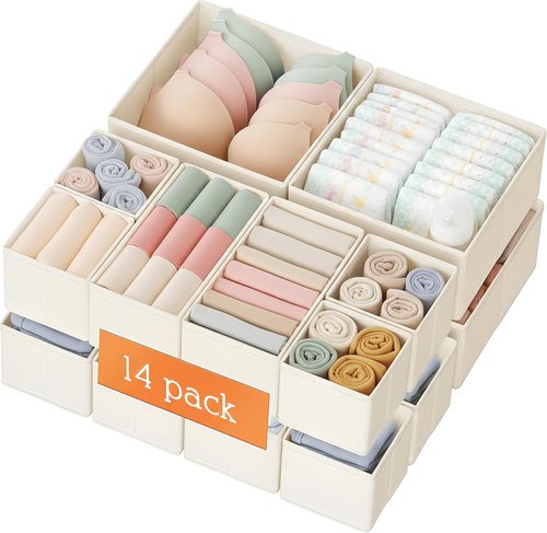 Criusia Drawer Organizer - 14 Pack Dresser Storage Bins for Baby Clothes & Underwear | Foldable Beige Dividers