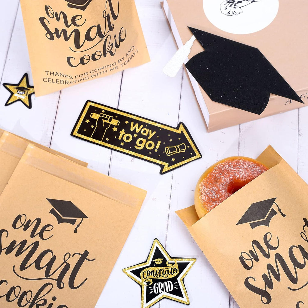 Whaline Graduation Candy Gift Bags - 100 Pack Self-Adhesive Kraft Paper Treat Bags for 2026 Party