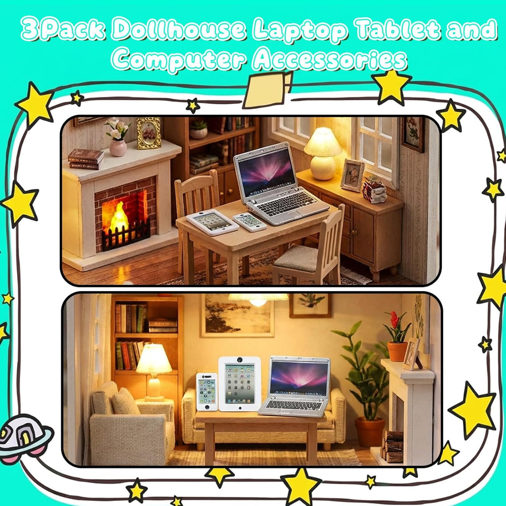 Skiennix Dollhouse Mini Laptop, Tablet & Smartphone Set - 3 Pack Silver Accessories for 1/6 & 1/12 Scale