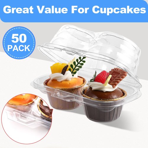 Vyndicca 50Pcs Cupcake Containers Disposable,2 Cavity Cupcake Boxes,Clear Cupcake Holder,Stackable Deep Dome Cupcake Carrier with Lid for Cupcakes Muffins Pies,BPA-Free