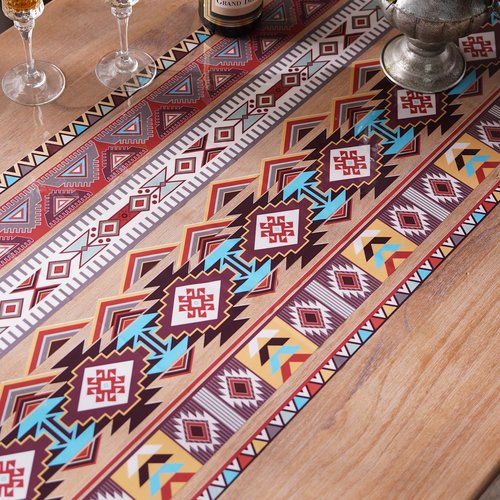 Artbloss Boho Vinyl Rectangle Table Cloth Clear Table Cover Protector with Bohemian Pattern Oil Spill Proof Wipe Clean Plastic Table Covers for Dining Tables (Boho Red, 55 x 120 Inches)
