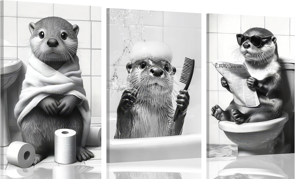 Skiennix Cute Otter Canvas Wall Art - Funny Black and White Animal Print | 3-Piece Bathroom Decor