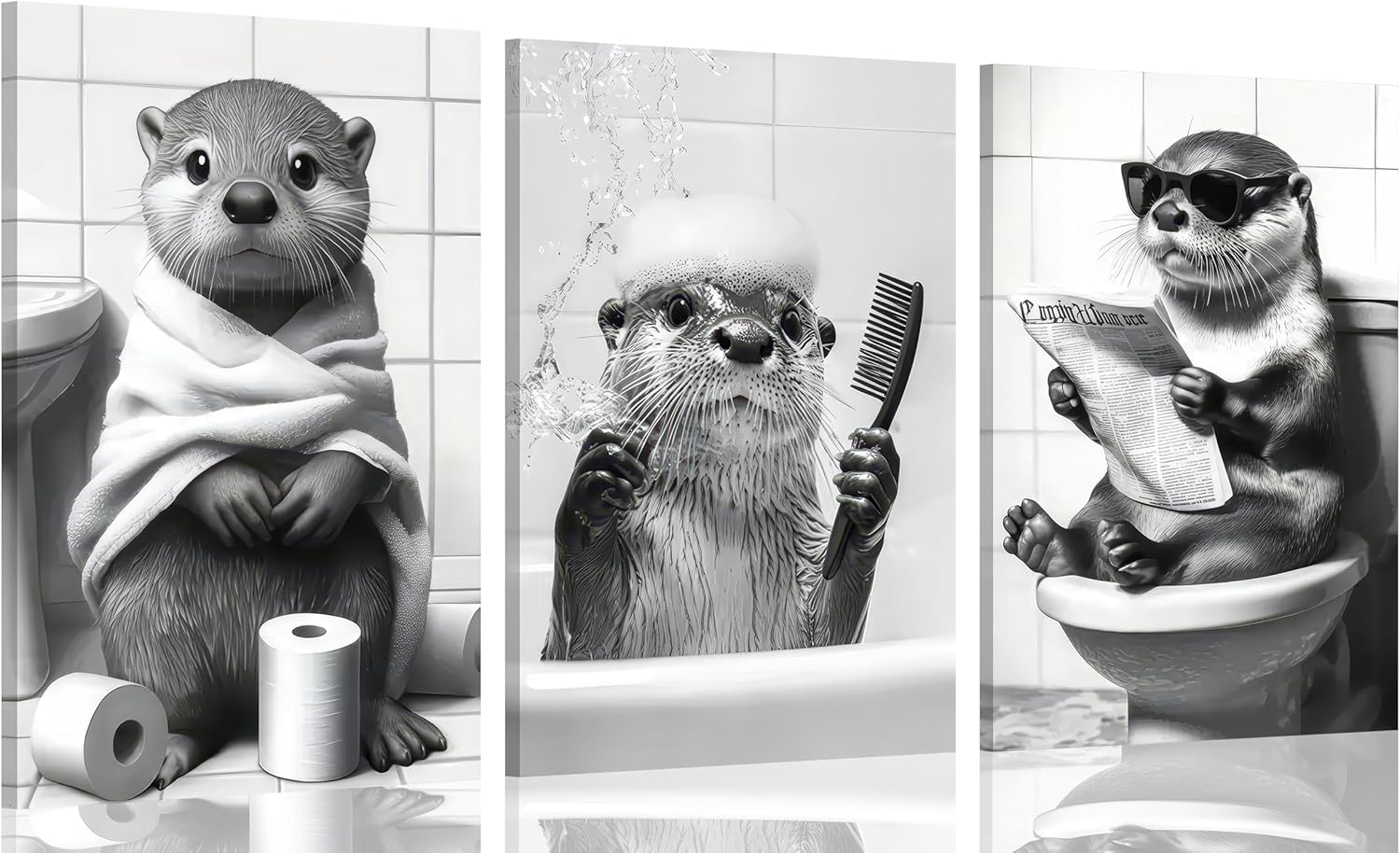 Skiennix Cute Otter Canvas Wall Art - Funny Black and White Animal Print | 3-Piece Bathroom Decor
