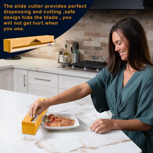 15'' Bamboo Plastic Wrap Dispenser with Cutter- Aluminum Foil Dispenser for Plastic Wrap, Parchment Paper Roll - Kitchen Wrap Dispenser with Cutter for Kitchen – Fits Up to 15'' Rolls