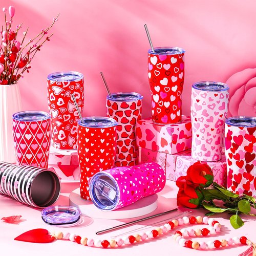 Hushee 9 Pcs Valentine's Day Tumbler with Lid and Straw Stainless Steel 20 oz Heart Love Print Double Wall Vacuum Insulated Cup Travel Mugs for Hot and Cold Drink