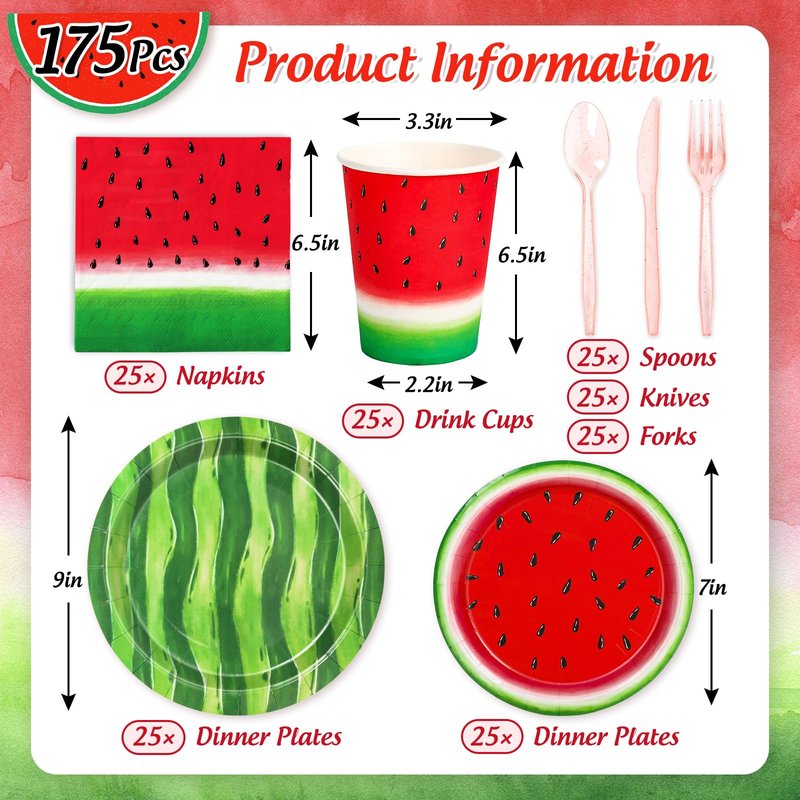 FYSUIMU Watermelon Party Supplies Kit Summer One in a Melon Tableware Set Disposable Paper Plates Cups Napkins Forks Knives Spoons for 25 Guests Birthday Baby Shower