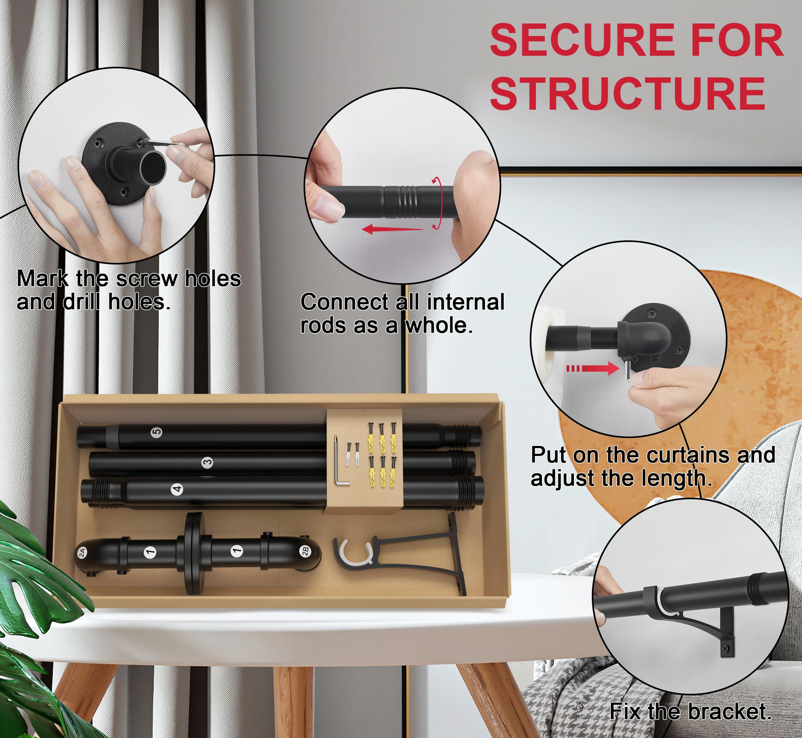 Qouara Curtain Rods for Windows 66 to 144, Black Adjustable Curtain Rods Set of 2, Blackout Wrap Around Curtain Rod, Heavy Duty Industrial Curtain Rod, 1 Inch Outdoor/Indoor Drapery Rod 66-144"