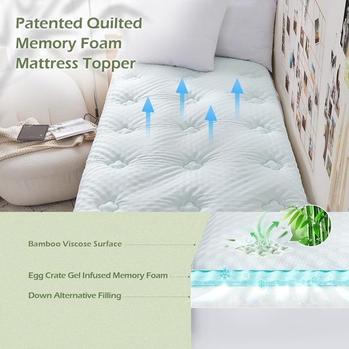 Hansleep Twin Mattress Pad - Memory Foam Topper for Back Pain Relief | Bamboo Viscose, 39" x 75", White