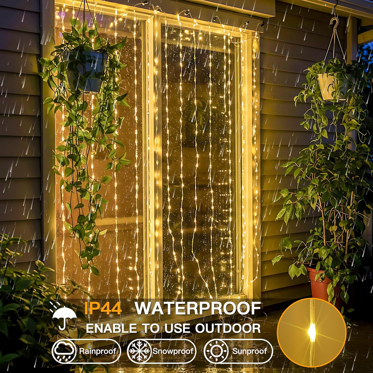 Suddus Tangle-Free Curtain Lights - 200 LED Warm White Hanging Lights | 6.5x6.5ft for Bedroom & Party Decor