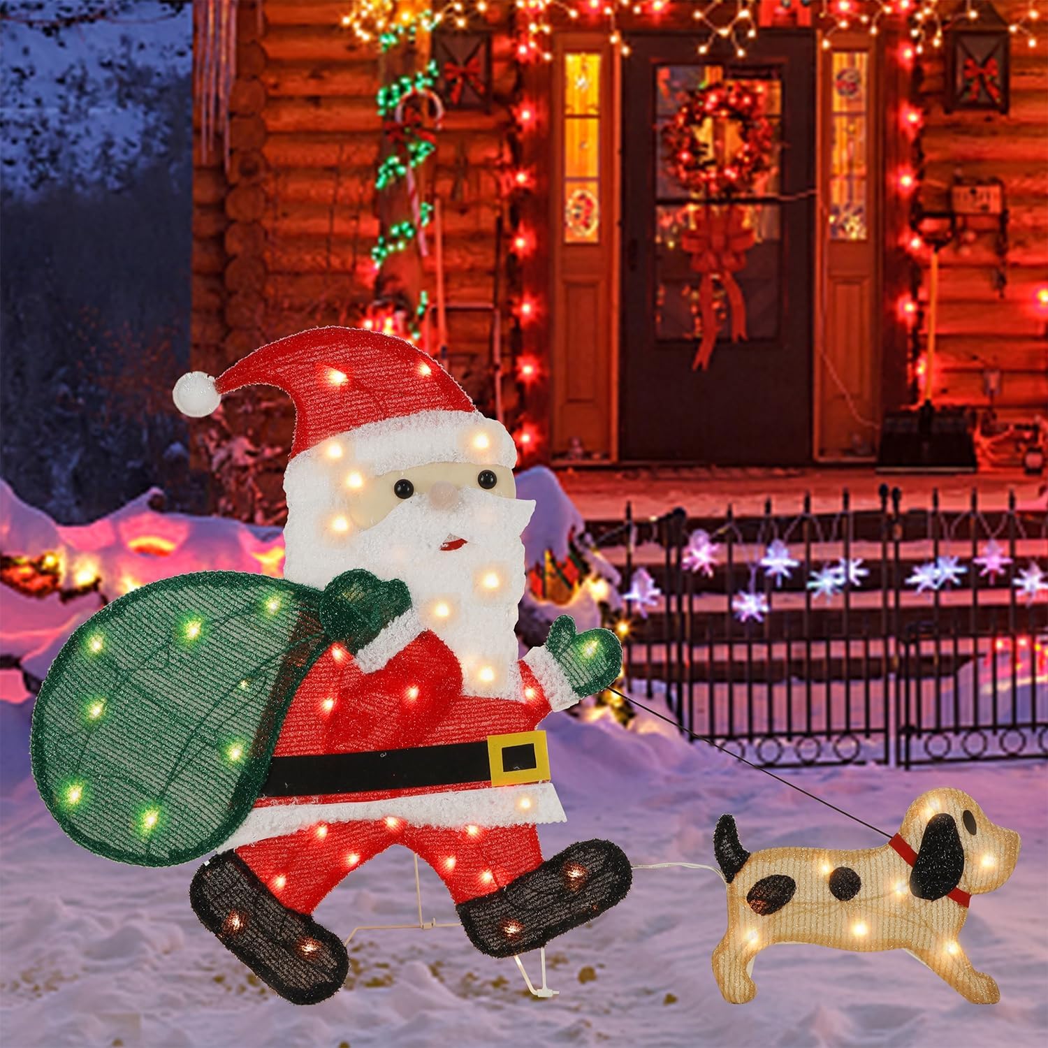 Waterglide Lighted Christmas Santa Claus with Puppy - 26.5 Inch Pre-Lit 2D Tinsel Outdoor Decor for Festive Holiday Display