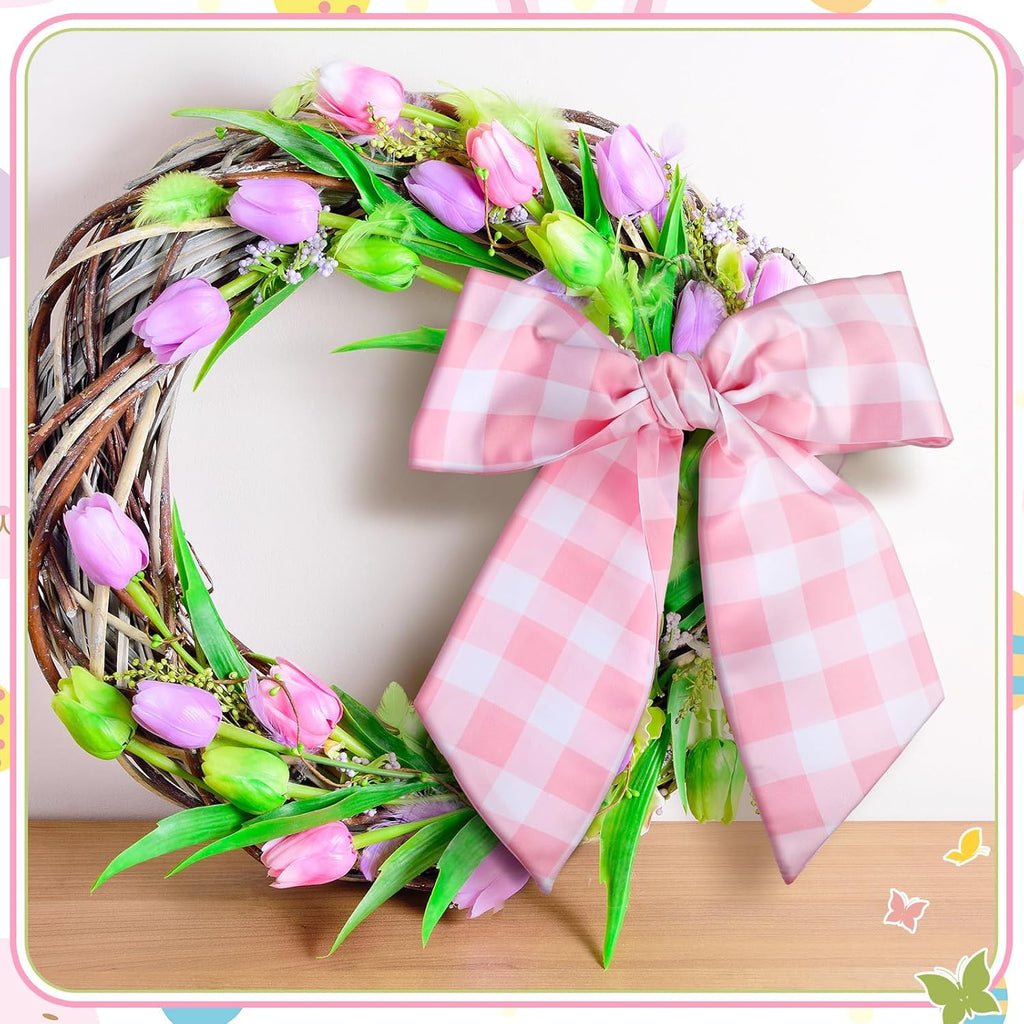 VitalCozy Wreath Sash Set - Chinoiserie Easter Spring Decor | 4.5" W x 56" L in Pink Grid