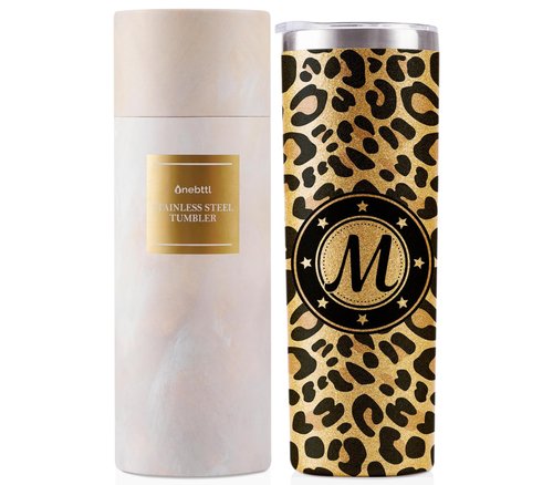 Onebttl Personalized Leopard Cup with Initial - Unique Gifts for Women Who Have Everything on Birthday, Christmas - 20 oz Double-Wall Vacuum Tumbler with Lid and Straw - Golden Glitter - Letter M