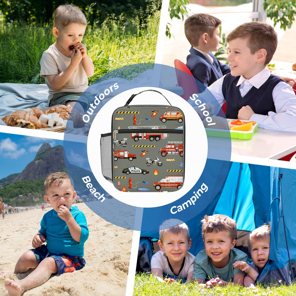 Clastyle Car Insulated Kids Lunch Bag Truck Large Thermal Cooler Bag for Boy Picnic School Lunch Box Tote,Fire Engine