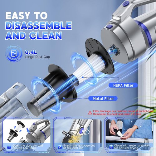 JONYJ Cordless Handheld Vacuum - 16000PA Strong Suction | Portable Rechargeable with Multi-Nozzles & LED Light