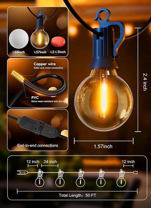 Brightown Outdoor String Lights - 50FT Shatterproof Globe LED Lights | IP65 Waterproof & Dimmable for Patio, Backyard, Bistro, Deck