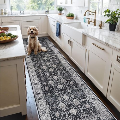 Hallway Washable Runner Rug - Vintage Soft Non-Slip Indoor Carpet for Kitchen & Entryway | 3x10 Black