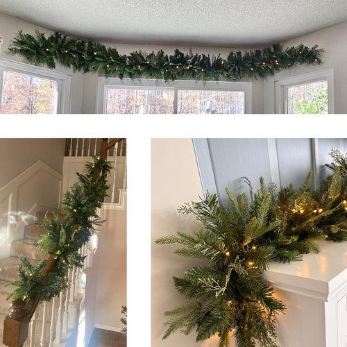 Christmas Garland with 50 Lights 9 Ft, Prelit Xnas Garland with Cypress Leaf, Battery Operated Christmas Decor for Mantle Staircase Indoor and Outdoor (Tips-A-Plug-in)