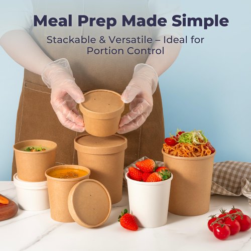 Fit Meal Prep 50 Pack 16 oz Kraft Paper Soup Containers with Vented Lid, Hot or Cold Paper Food Cups, Restaurant To Go Disposable Food Container, Ideal for Salad Stews Frozen Yogurt Ice Cream Dessert