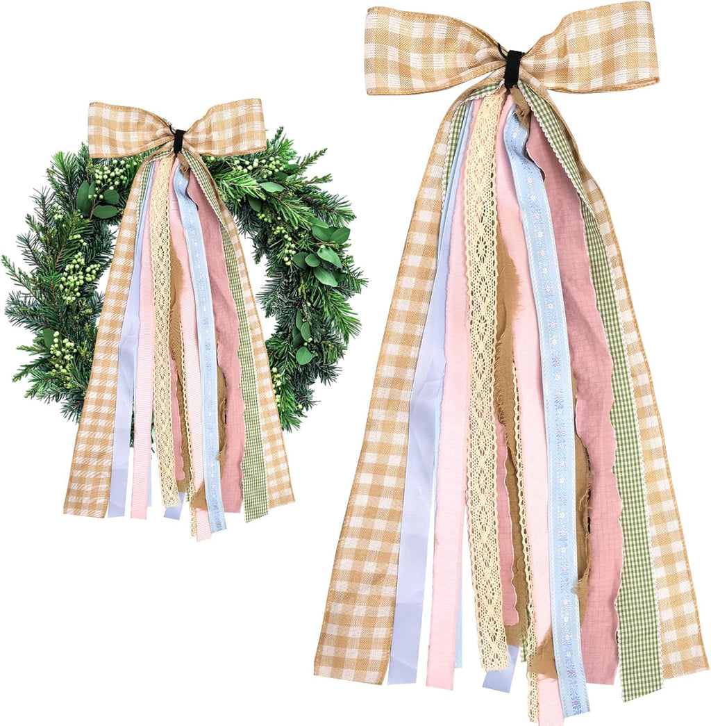 Skiennix Large Fall Ribbons Bow - Assorted Orange & White Buffalo Plaid Fabric Set for Thanksgiving Decor