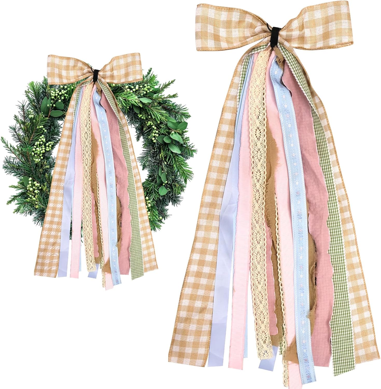 Skiennix Large Fall Ribbons Bow - Assorted Orange & White Buffalo Plaid Fabric Set for Thanksgiving Decor