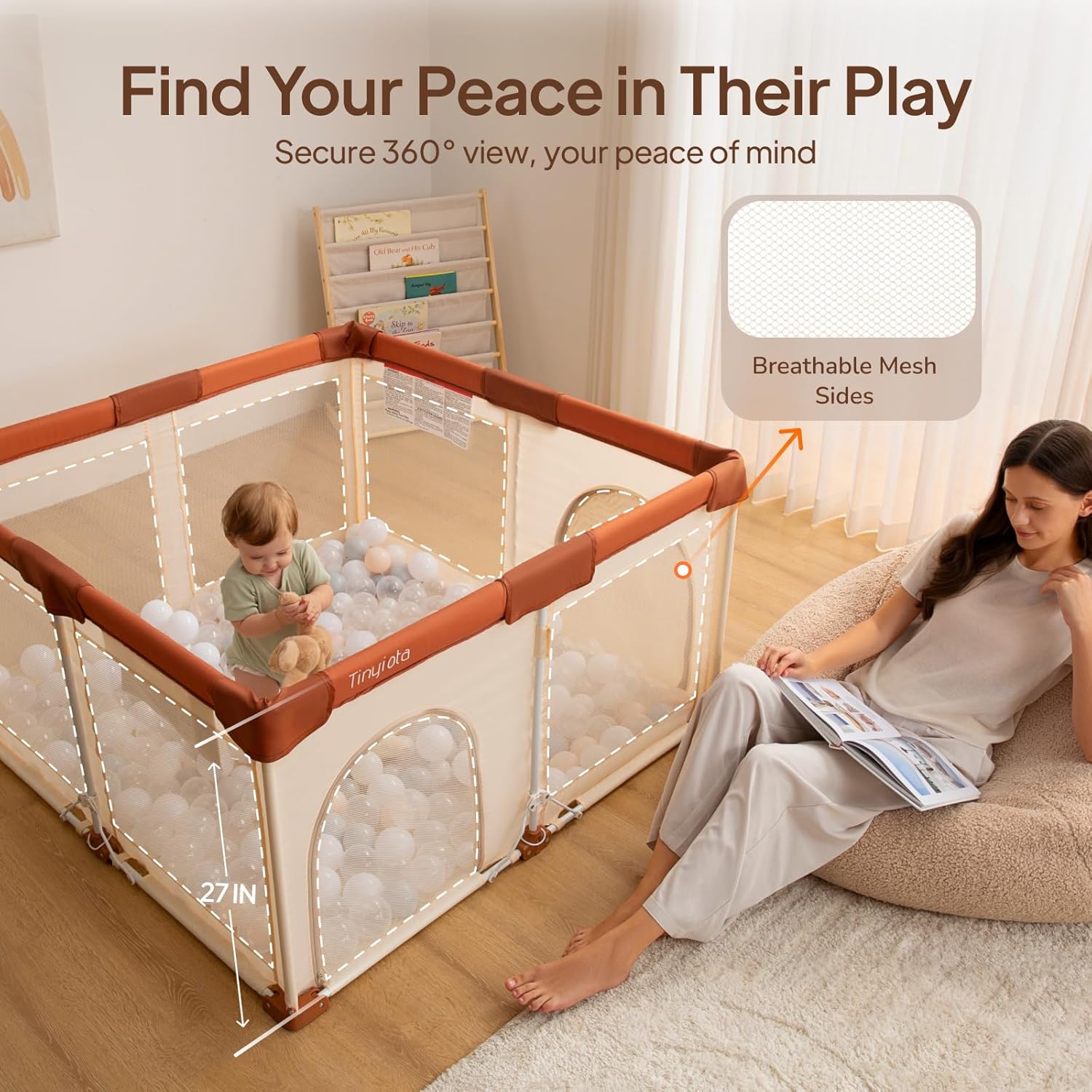 Tinyiota Foldable Baby Playpen - 50x50 Inch Portable Play Yard with Soft Mesh & Storage Bag | Brown