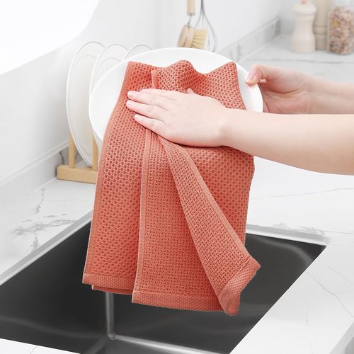Homaxy 100% Cotton Waffle Weave Kitchen Dish Towels - Ultra Soft & Absorbent, 13 x 28 Inches, 4-Pack, Coral
