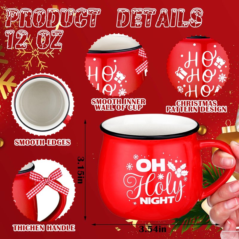 Suttmin 12 Pcs Ceramic Christmas Mugs Set 12 oz Christmas Coffee Cups with Ribbon for Tea and Coffee Xmas Holiday Gift Tiered Tray Decor for Hot Cocoa Kitchen Table, Red, Green, White