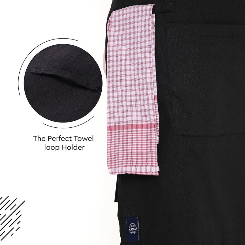 Encasa XO Adjustable Kitchen Cotton Apron With Pockets & Towel Holder Of Size 27x33 in (Full Black) for Men & Women Chefs For Cooking & Baking in Home, Restaurants & Barbeque