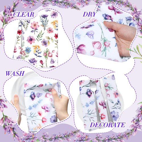 Oudain 6 Pcs Spring Purple Kitchen Dish Towels Lavender Flower Hand Tea Towels Floral Butterfly Decoration Gift for Spring Holiday Bathroom Accessories