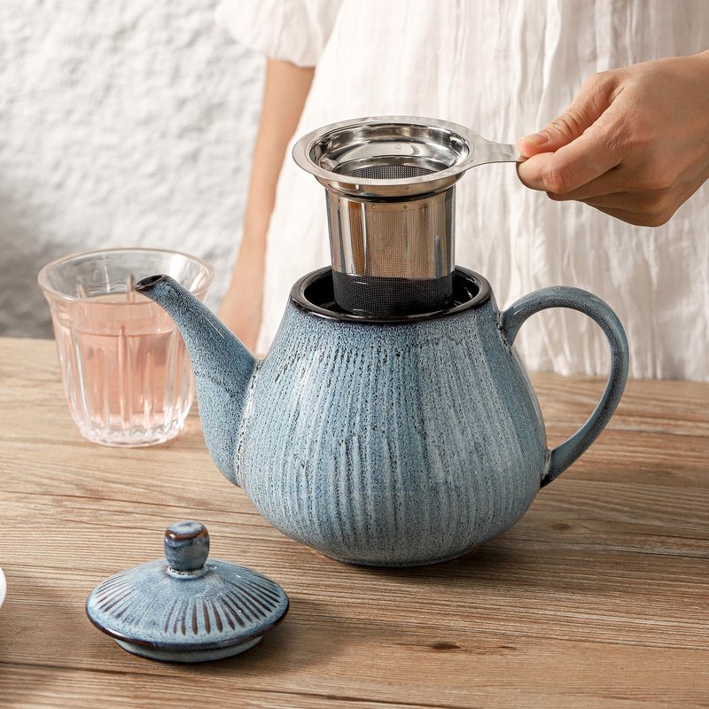 HVH 40 oz Porcelain Teapot with Stainless Steel Infuser, Ceramic Tea pot with Infuser for Loose Tea, Enough For 6 Cups, Striped Series (Wabi sabi)