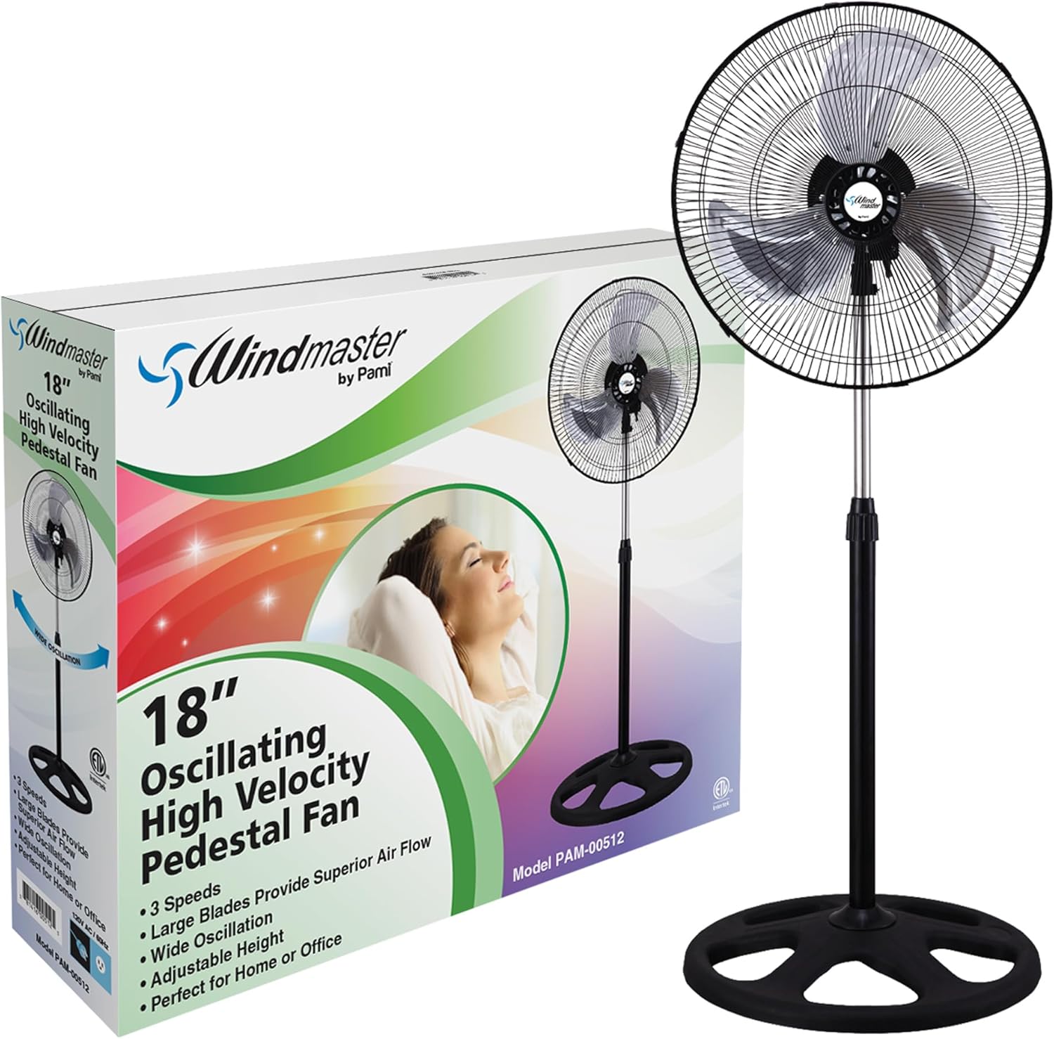 PAMI 18” High-Velocity Oscillating Pedestal Fan - Adjustable Height & 3 Speed Levels | Powerful Cooling for Home, Office & Dorm - Black