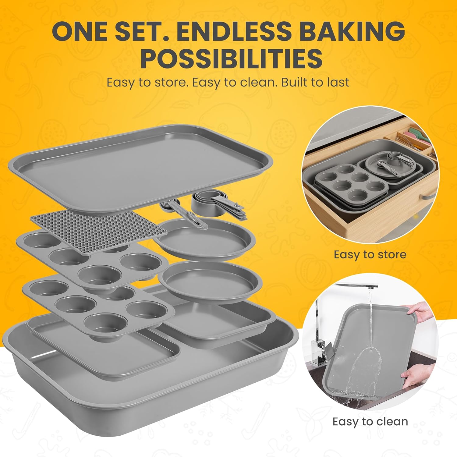 Skiennix Non-Toxic Bakeware Set - 11pc PFOA-Free Carbon Steel Nonstick Baking Pans | Space-Saving Design