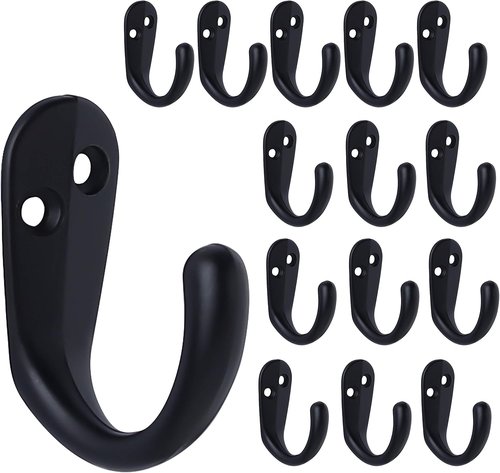 IBosins Coat Hooks - 15PCS Wall Mounted Single Prong Robe Hooks with 30 Screws - Black for Towels, Bags, Hats