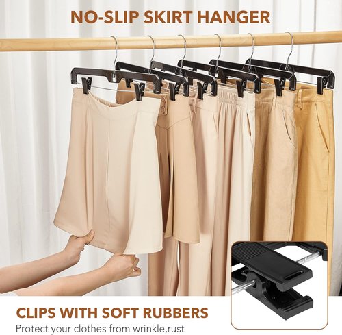 HOUSE DAY Black Pants Hangers - 12 Pack Plastic Clip Hangers for Skirts, Jeans & Shorts | 14-Inch with 360-Degree Swivel Hook