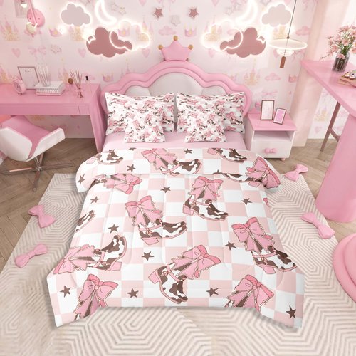 Feelyou Pink Western Bedding Set All Season Cowgirl Cowboy Boots Comforter Set 7 Pieces Cute Bowknot Dreamy Princess Style Bed in a Bag Full Size Plaid Bed Set with Comforter, Sheet Set, Pillowcases