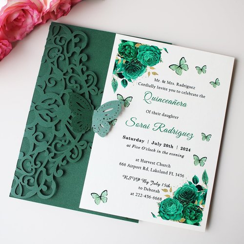KUCHYNEE 50PCS Emerald Green Laser Cut Quinceanera Invitations kit, 5.1 x7.3 Inch Hollow Floral Butterfly Pocket Invitation for Quincenera Wedding Invite (Blank)