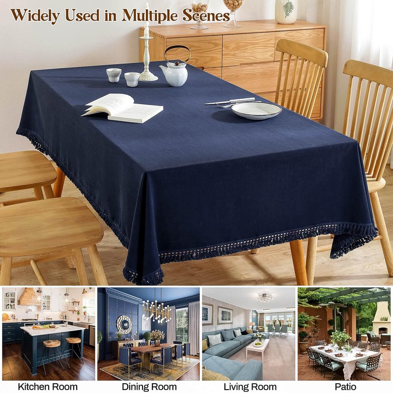 AmHoo Linen Tablecloth Table Cloth Stitching Tassel Rectangle Decorative Natural Table Cover for Kitchen Dinning Wedding Buffet 55 x 102 Inch Navy Blue
