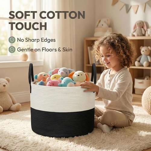 JMvicyroam 65L Extra Large Woven Cotton Rope Blanket Basket - Stylish Storage Hamper for Pillows, Comforters & Toys - Machine Washable, White & Black