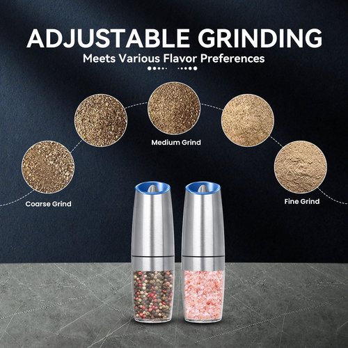 UNNEES Gravity Electric Salt and Pepper Grinder set of 2, Automatic Salt And Pepper Grinder Set, Adjustable Roughness, Battery Powered, LED Light, 2 Pack, (Silver)