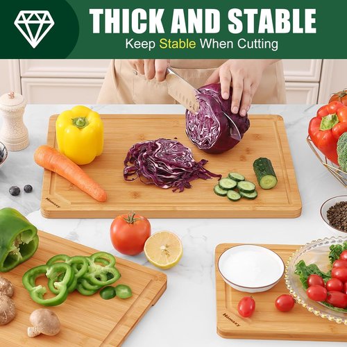 Homaxy Organic Bamboo Cutting Boards Set - 3-Piece Kitchen Board Set with Juice Groove & Handles | Ideal for Meat, Fruits & Vegetables