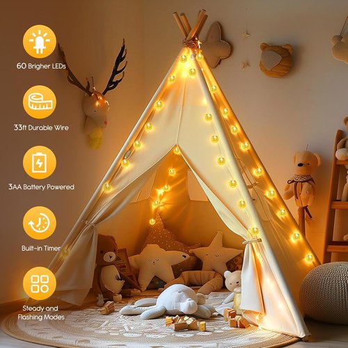 Minetom Crystal Globe String Lights - 33 ft 60 LED Battery Operated Fairy Lights with Remote & 8 Modes | Waterproof Warm White for Bedroom, Tent, Patio, Wedding Decor