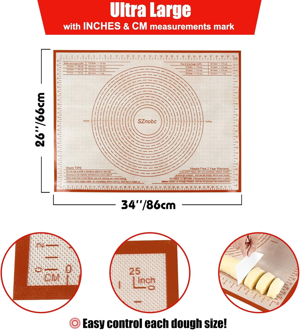 Skiennix Non-Slip Silicone Pastry Mat - Extra Large 36'' x 24'' Nonstick Baking Surface for Dough & Pastry