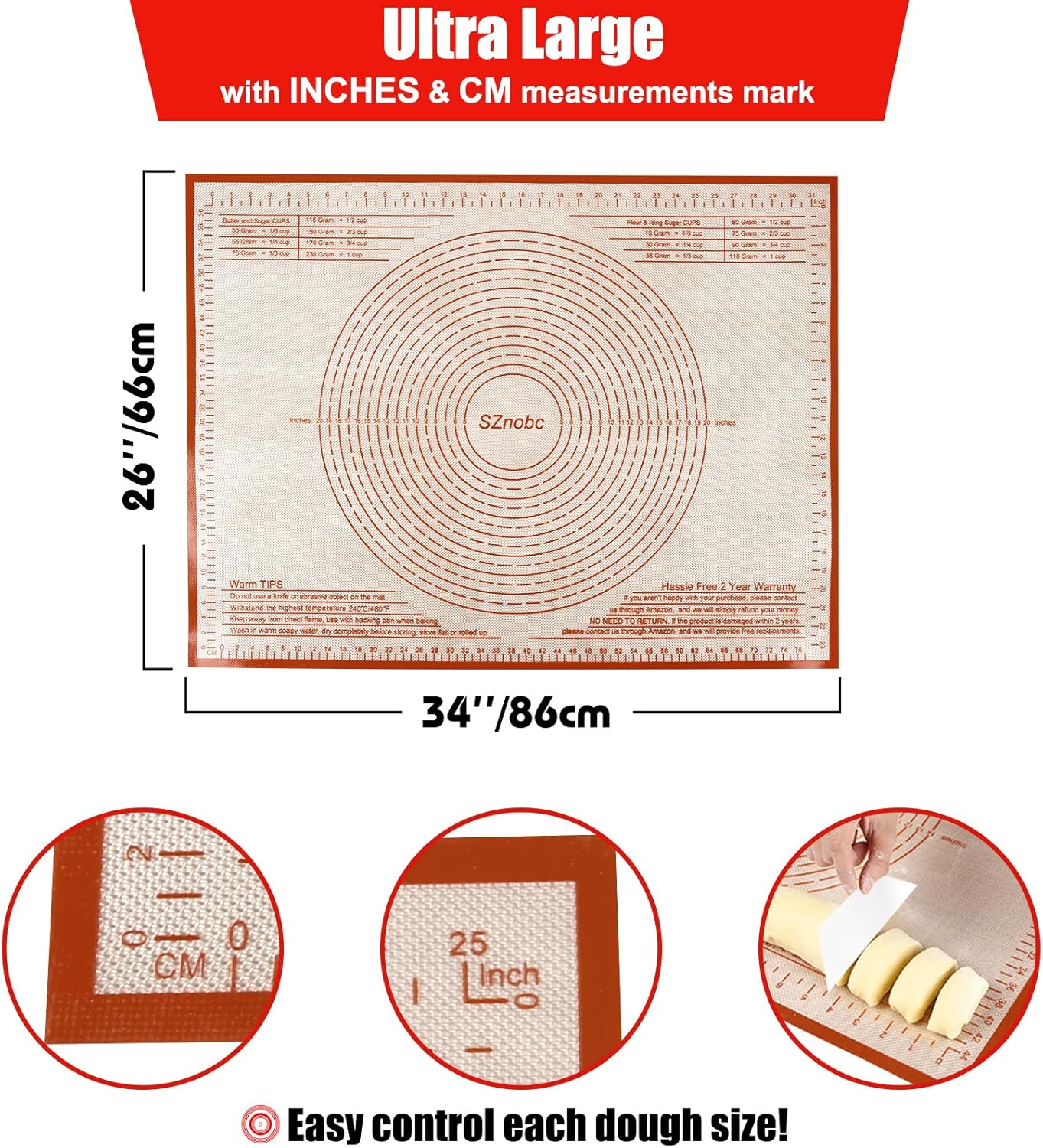Skiennix Non-Slip Silicone Pastry Mat - Extra Large 36'' x 24'' Nonstick Baking Surface for Dough & Pastry