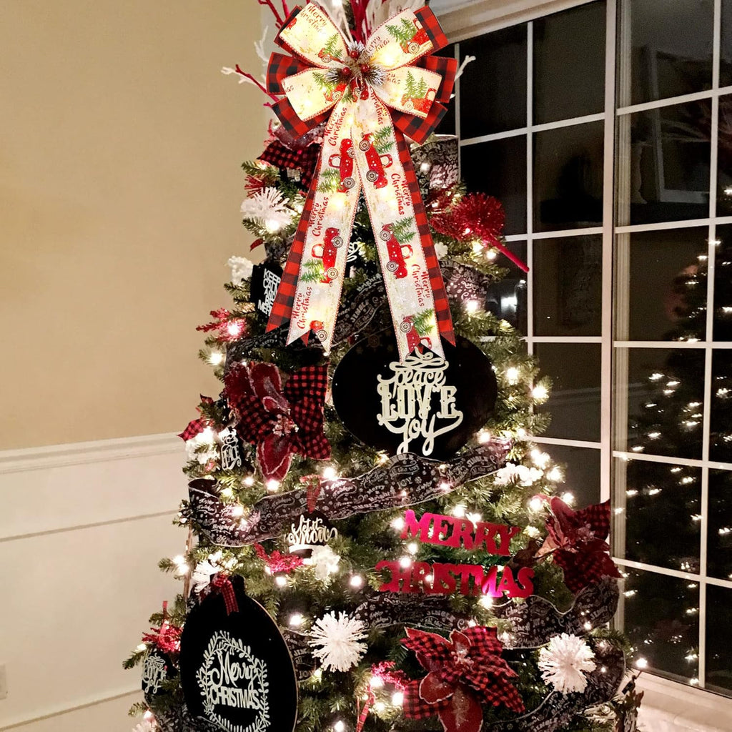 Skiennix Christmas Tree Topper Bow - 30 LED Lights, 13”x25” Large Red Black Buffalo Plaid Decor