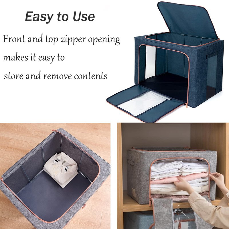 100L Large Storage Bags,Stackable Clothes Storage Bins with Hold Shape Metal Frame,Foldable Closet Organizer Containers with Zipper,Clear Window,Thick Fabric for Seasonal Clothing (Gray, 4 Pack)